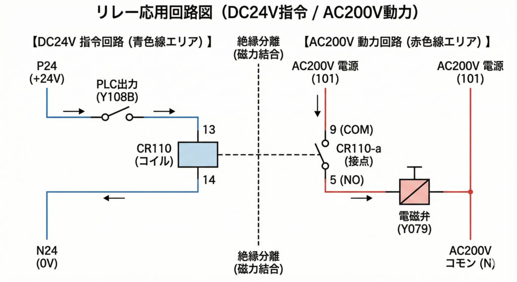 工業用汎用リレーの配線図解。青い線（DC24V指令回路）と赤い線（AC200V動力回路）が色分けされている様子。