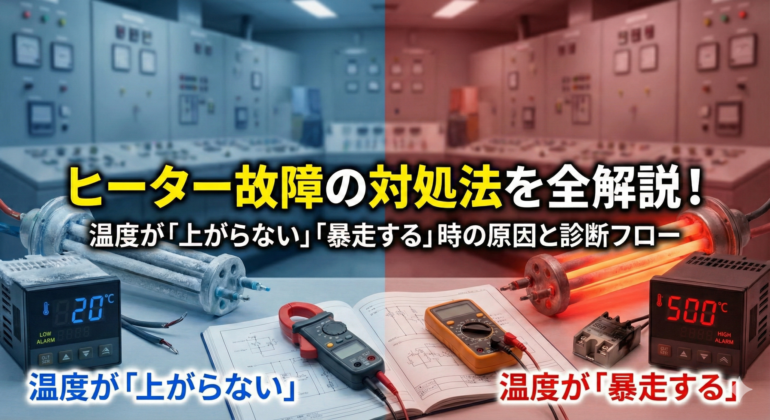 「ヒーター故障の対処法を全解説！温度が上がらない・暴走する原因と診断フロー」というタイトル文字と、冷えたヒーター・過熱したヒーターの対比画像。