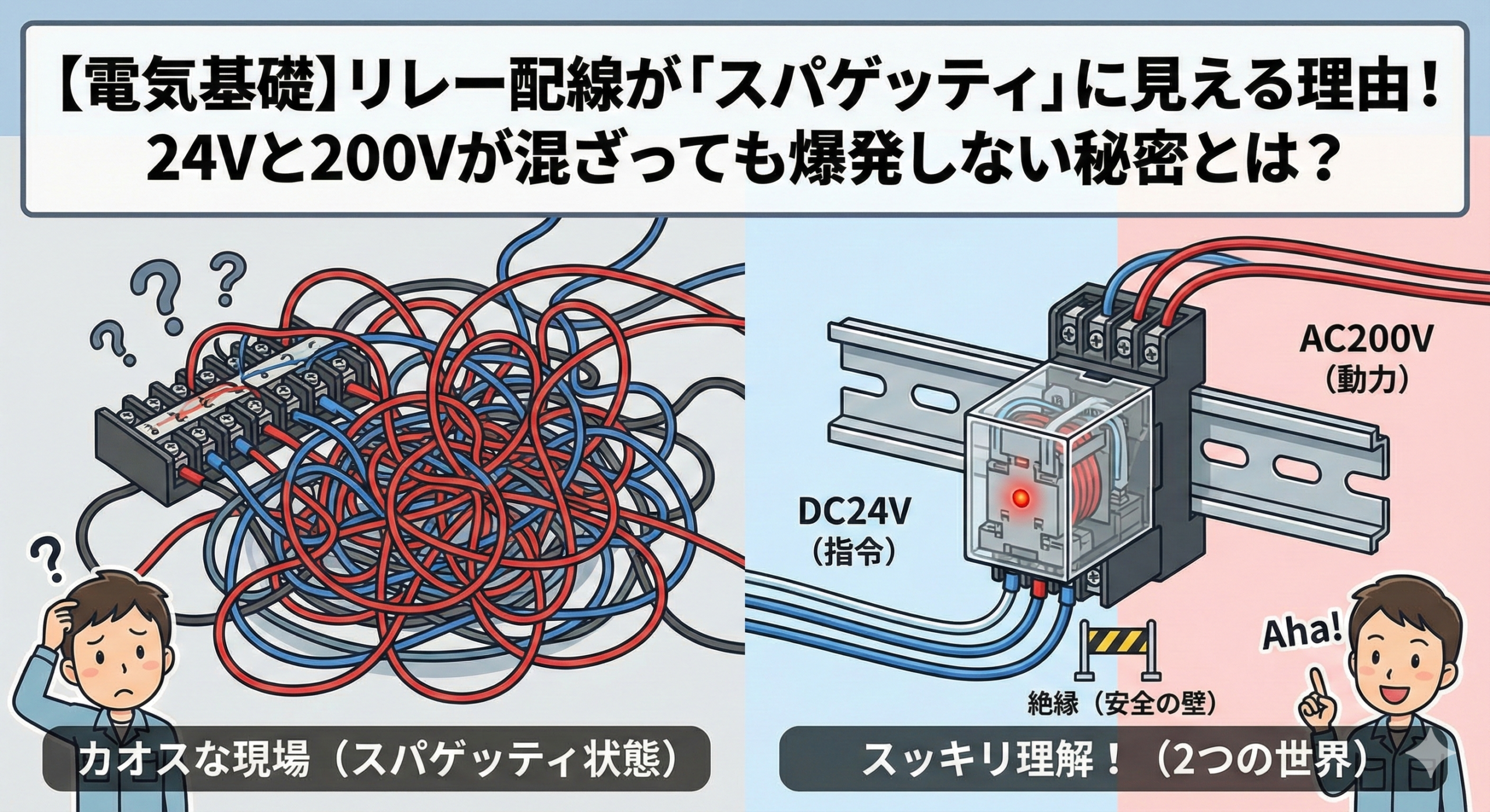 記事タイトル「リレー配線がスパゲッティに見える理由」と、整線された制御盤のイメージ。