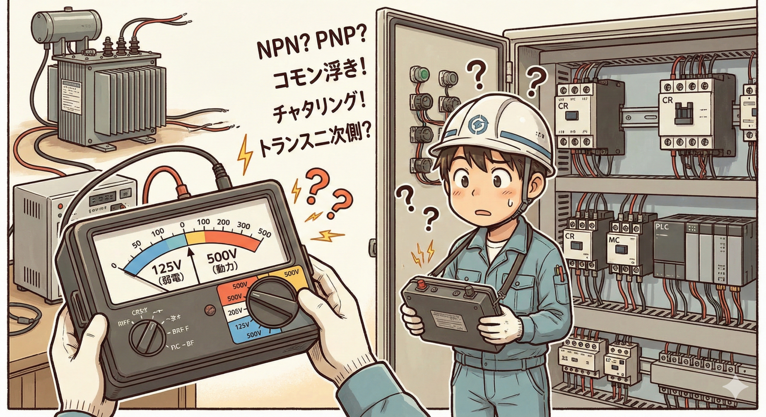 電気保全の現場用語まとめ。メガー、トランス、リレー、NPN/PNPの解説図解。