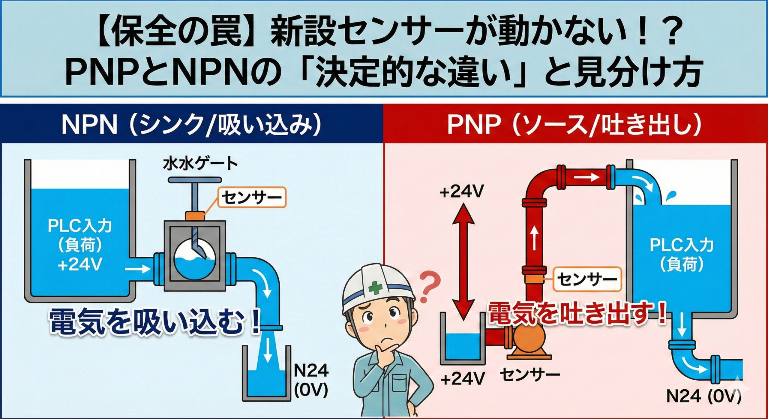 NPN（シンク）とPNP（ソース）の配線方式の比較イラスト。PLC入力ユニットへの電流の流れる向きと、COM（コモン）端子の接続先（24V・0V）の違いを解説する画像。