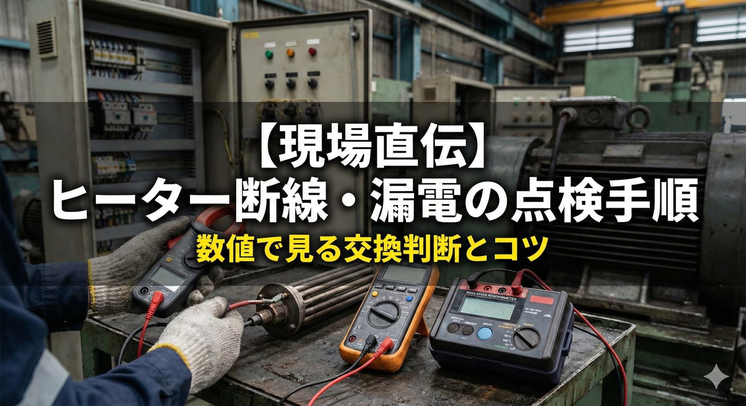現場でのヒーター点検イメージ。クランプメーター、テスター、絶縁抵抗計（メガー）を使用し、ヒーターの断線や漏電を調査している様子。