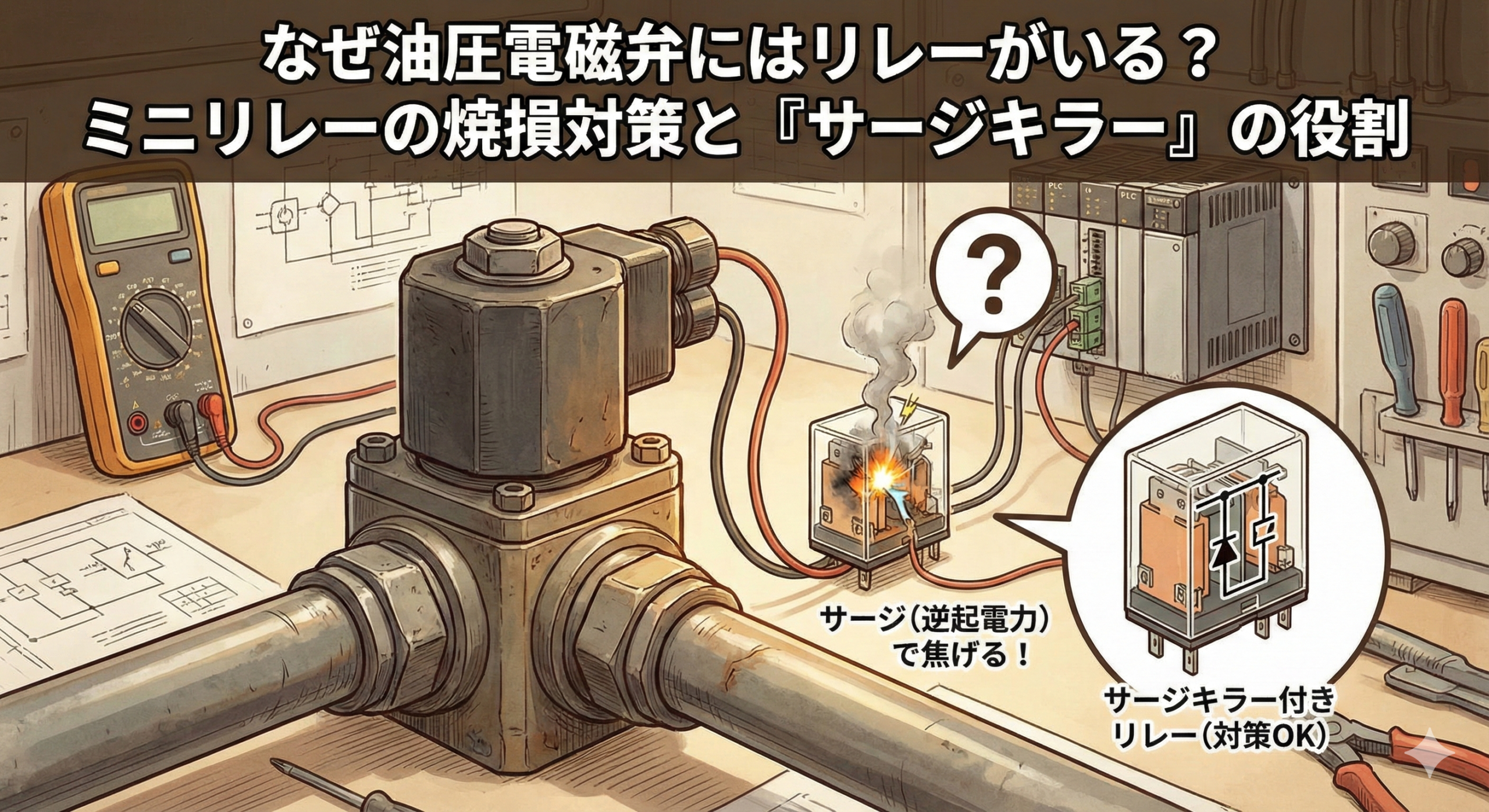 油圧電磁弁の配線図解。焦げたミニリレーとサージキラー付きリレーの比較イラスト。