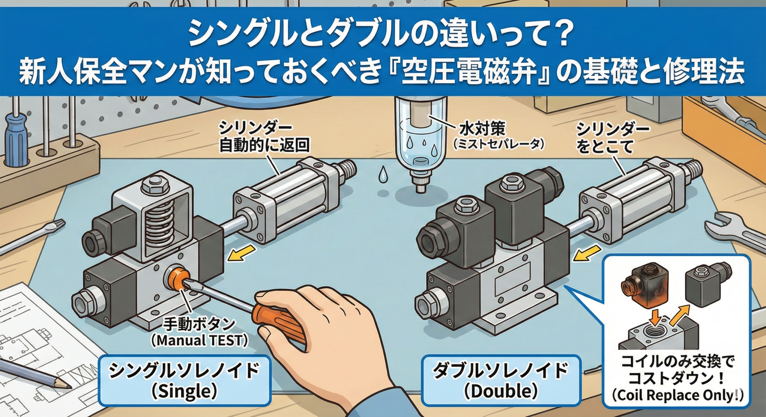 空圧電磁弁のシングルとダブルの違い、手動ボタンでの点検方法、コイル交換、水対策のミストセパレータをまとめた図解イラスト。