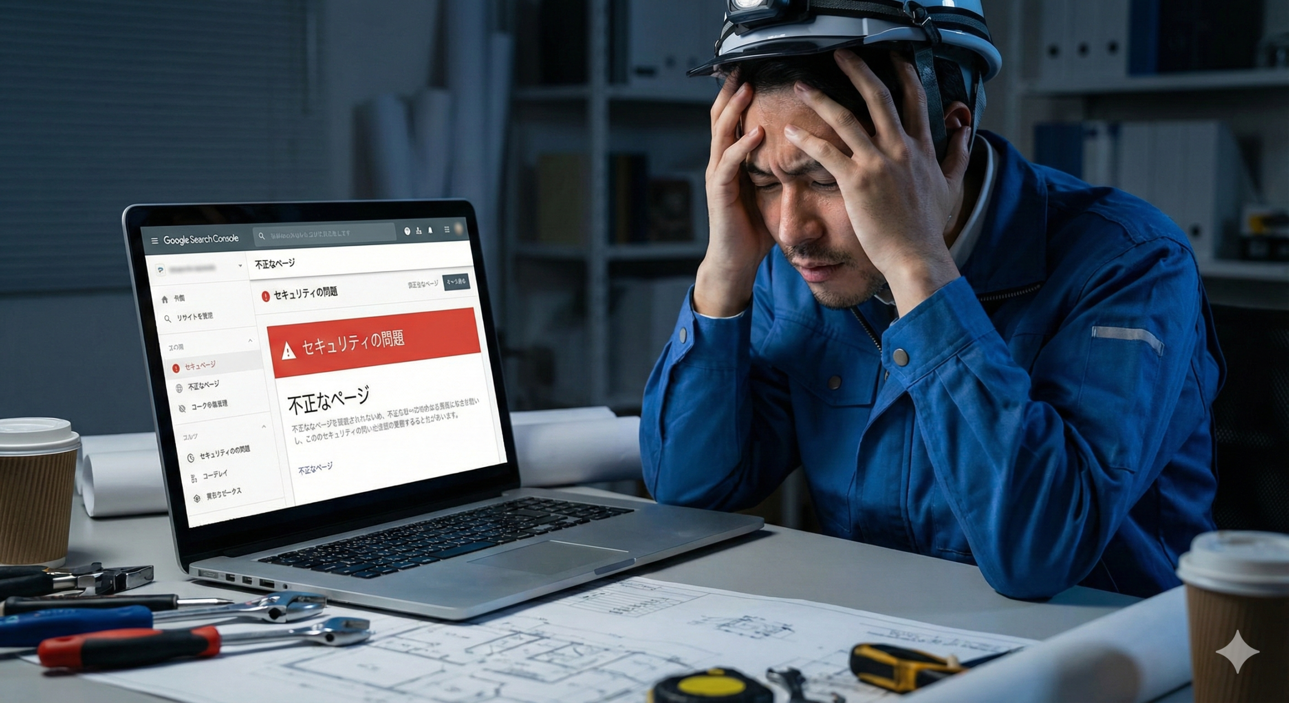 PCの前で頭を抱えて悩むブログ運営者 - サーチコンソールの不正なページ警告トラブル