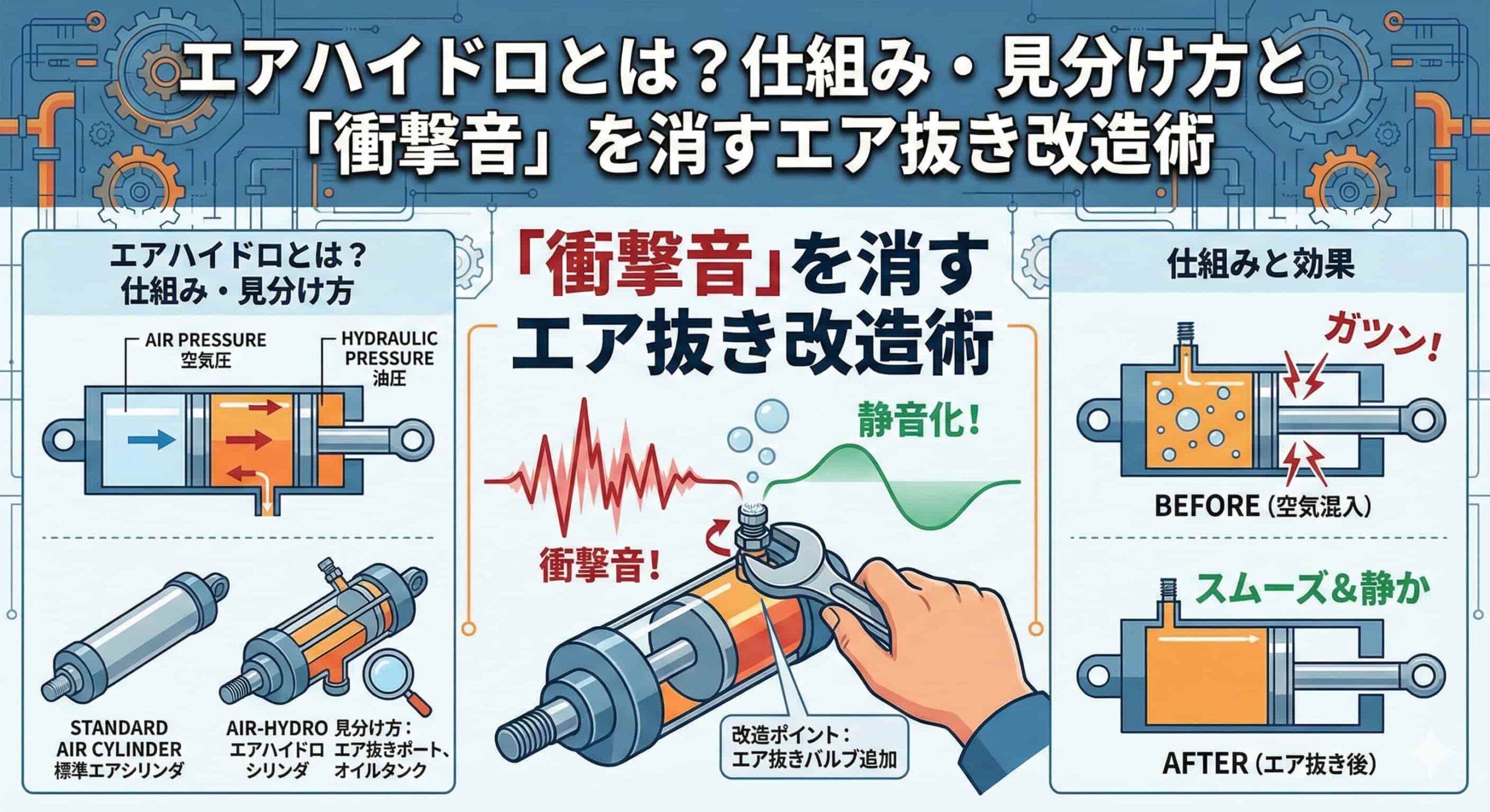 ブログ記事「エアハイドロとは？仕組み・見分け方と『衝撃音』を消すエア抜き改造術」の図解アイキャッチ画像。左側でエアハイドロの空気圧・油圧の仕組みと標準シリンダとの見分け方を解説。中央ではスパナを使ったエア抜きバルブ追加改造と静音化のイメージを、右側では空気混入時の衝撃音とエア抜き後のスムーズな動作の比較（BEFORE/AFTER）をイラストで示している。
