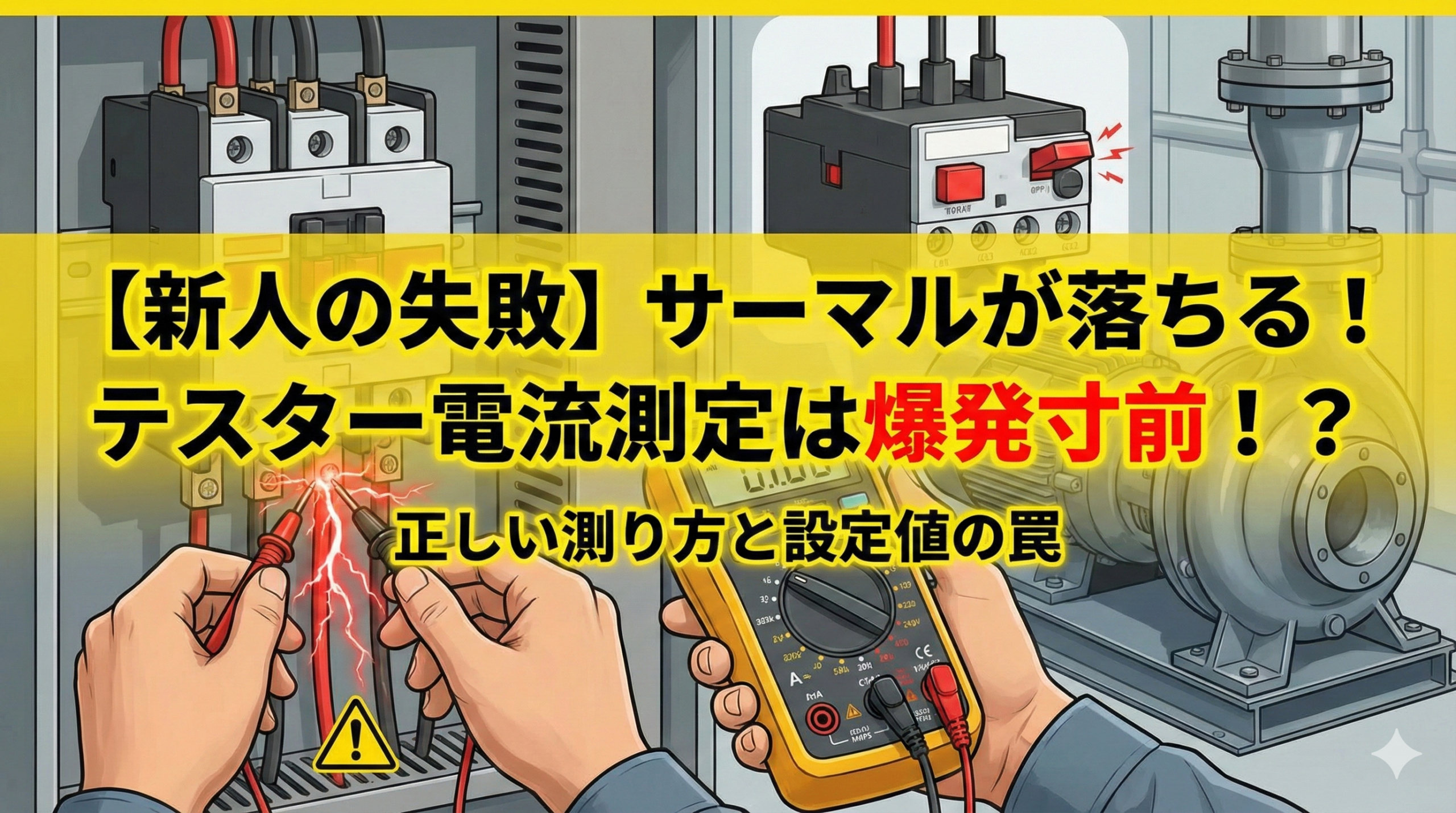 配電盤の端子にテスターの棒を当てて電流を測ろうとし、ショートして火花が散っている危険なイラスト。ポンプのサーマルリレーが落ちるトラブルと新人エンジニアの失敗談