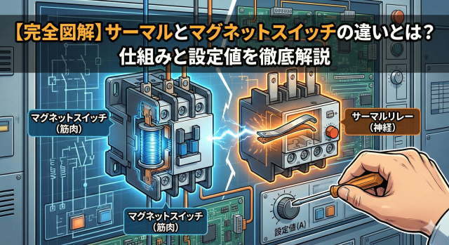 マグネットスイッチ（筋肉）とサーマルリレー（神経）の内部構造と役割分担の図解。設定ダイヤルを調整する手と、電磁開閉器の仕組みイメージ