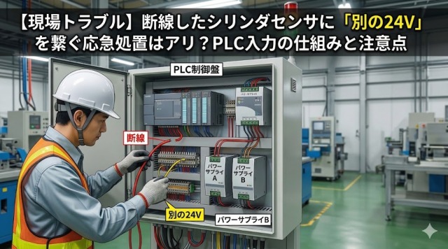 この画像は、工場でのトラブル対応をテーマにしたアイキャッチ画像です。 上部には、記事のタイトル「【現場トラブル】断線したシリンダセンサに「別の24V」を繋ぐ応急処置はアリ？PLC入力の仕組みと注意点」が配置されています。 画像の左側は写真で、開いたPLC制御盤の前で、白いヘルメット、作業服、安全ベスト、手袋を着用した男性作業員が端子台の配線を調整しています。彼は、断線した赤い線を、別の電源（パワーサプライB）から分岐させた黄色い線（ラベル：「別の24V」）に繋ぐ応急処置を行っています。制御盤内には、パワーサプライAとパワーサプライBの2つの電源ユニットが見えます