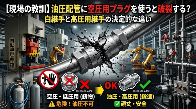 油圧配管に空圧用の白継手（鋳物）を誤って使用し、高圧で破裂して油が吹き出している危険な状態のイメージ画像。低圧用（空圧用）と高圧用（油圧・鍛造）プラグの違いを比較。