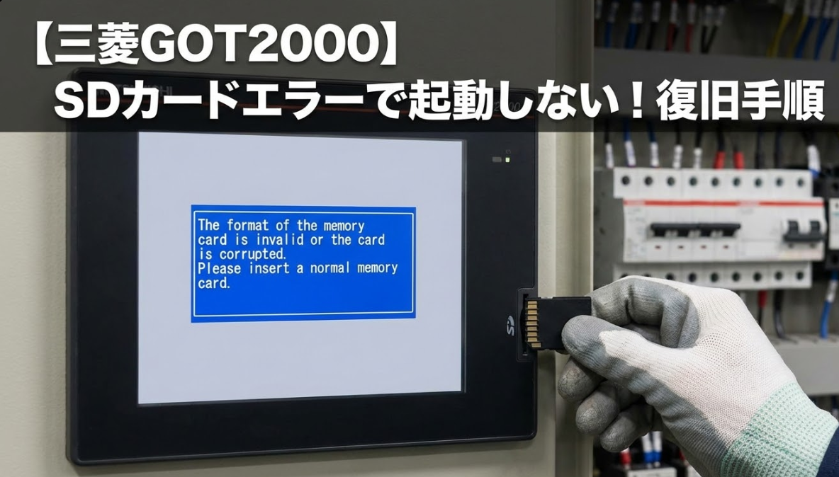 三菱電機製産業用タッチパネル「GOT2000」のSDカードエラー画面と、その復旧手順を説明するアイキャッチ画像。画面中央には「The format of the memory card is invalid or the card is corrupted. Please insert a normal memory card.」という青いダイアログボックスのエラーメッセージが表示されており、白い作業手袋をはめた手がパネル側面からSDカードを引き抜いている。画像上部に「【三菱GOT2000】SDカードエラーで起動しない！復旧手順」というタイトル。