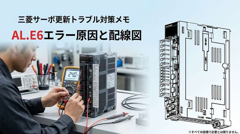 三菱サーボアンプMR-J2SからMR-J4への更新作業中にテスターで電圧測定を行うエンジニアの様子