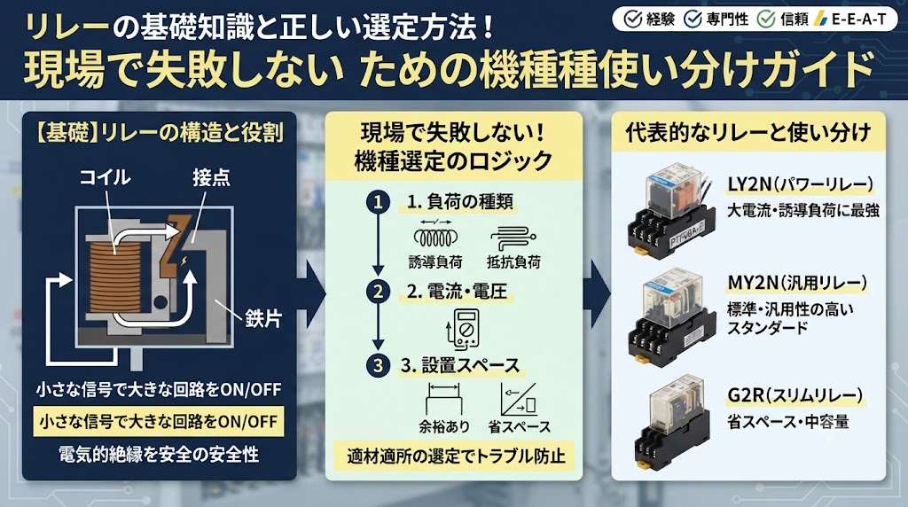 リレーの基礎知識と選定ガイド。リレーの内部構造図、選定ロジック（負荷の種類・電圧・スペース）、およびLY2N・MY2N・G2Rリレーの使い分け比較表。