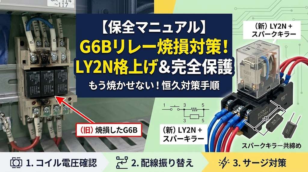 制御盤のG6Bリレー焼損対策を解説したアイキャッチ画像。LY2Nリレーへの交換とスパークキラーの配線手順。